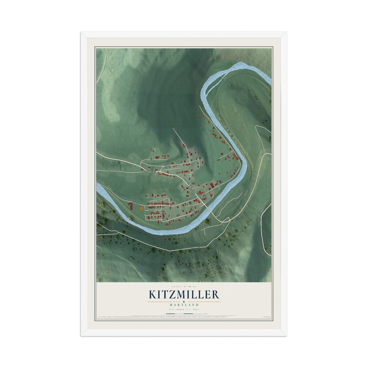 Map of Kitzmiller, Maryland, 12 x 18 inch print in a white wood frame