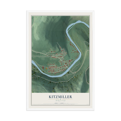 Map of Kitzmiller, Maryland, 12 x 18 inch print in a white wood frame