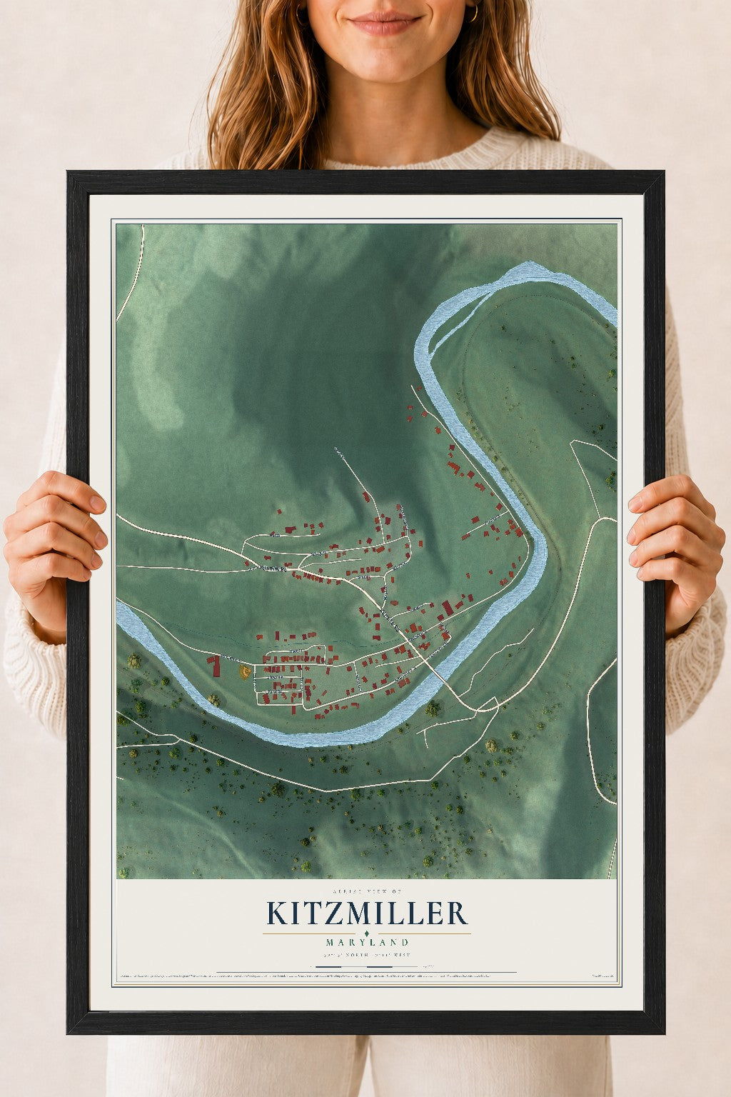 Map of Kitzmiller, Maryland, 18 x 24 inch print in a black wood frame