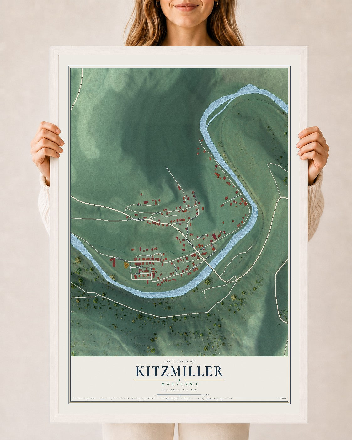 Map of Kitzmiller, Maryland, 24 x 36 inch print in a white wood frame