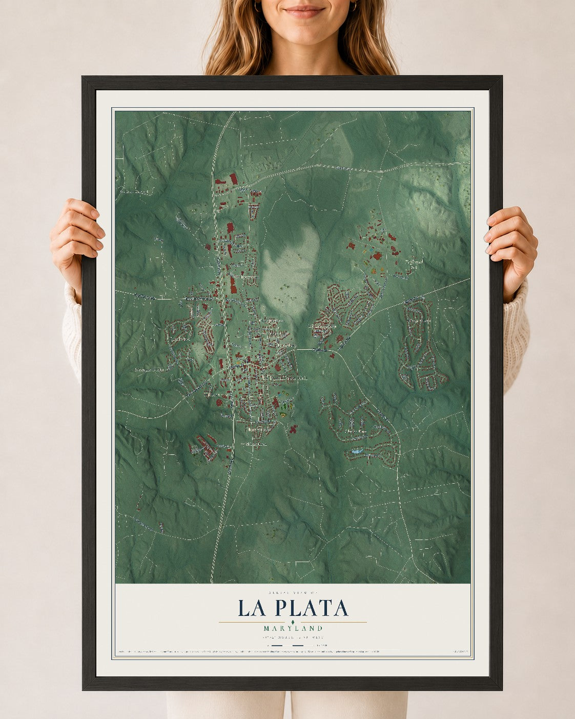 Map of La Plata, Maryland, 24 x 36 inch print in a black wood frame