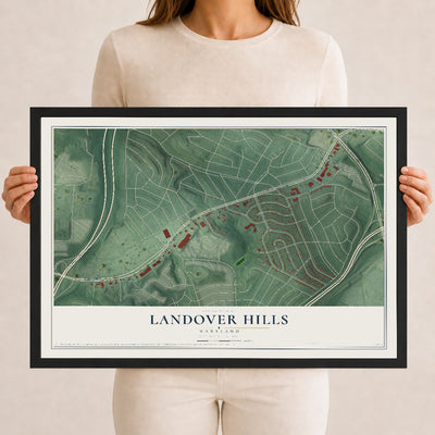 Map of Landover Hills, Maryland, 12 x 18 inch print in a black wood frame