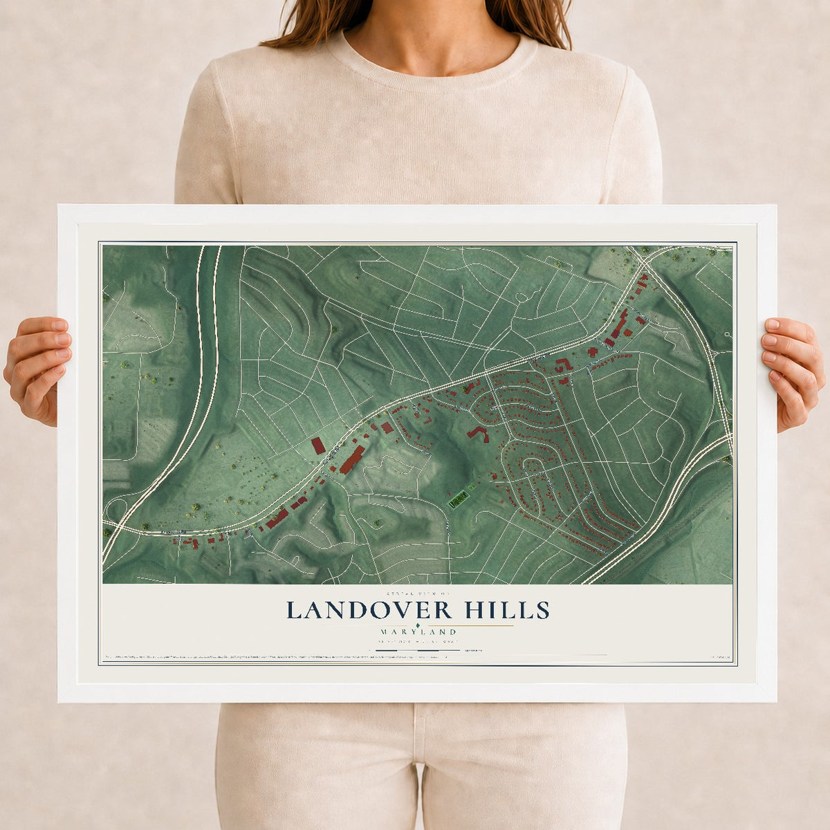 Map of Landover Hills, Maryland, 12 x 18 inch print in a white wood frame