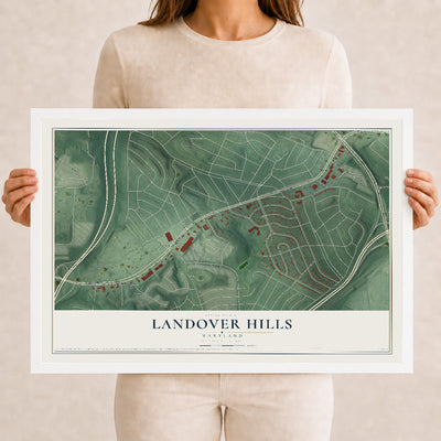 Map of Landover Hills, Maryland, 12 x 18 inch print in a white wood frame