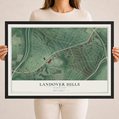 Map of Landover Hills, Maryland, 18 x 24 inch print in a black wood frame