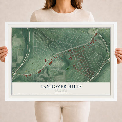 Map of Landover Hills, Maryland, 18 x 24 inch print in a white wood frame