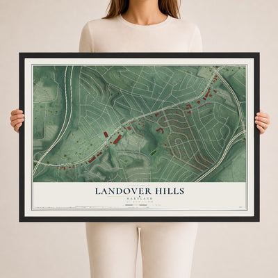 Map of Landover Hills, Maryland, 24 x 36 inch print in a black wood frame