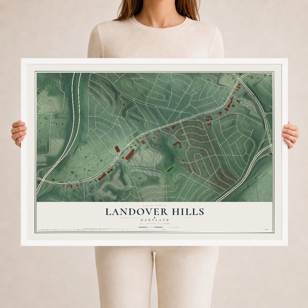 Map of Landover Hills, Maryland, 24 x 36 inch print in a white wood frame