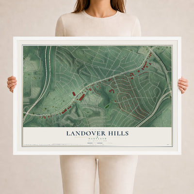 Map of Landover Hills, Maryland, 24 x 36 inch print in a white wood frame
