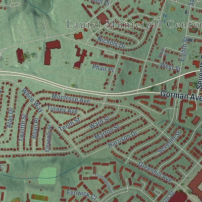 Close-up of the map of Laurel, Maryland print showing street and building detail