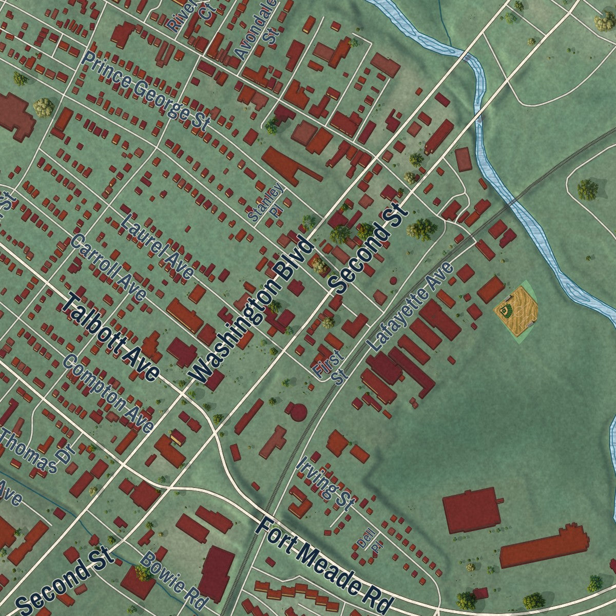 Second close-up of the map of Laurel, Maryland print showing more streets and buildings