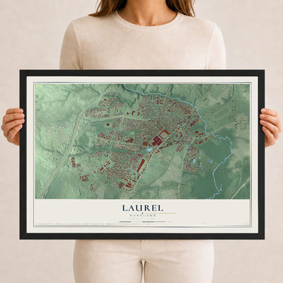 Map of Laurel, Maryland, 12 x 18 inch print in a black wood frame