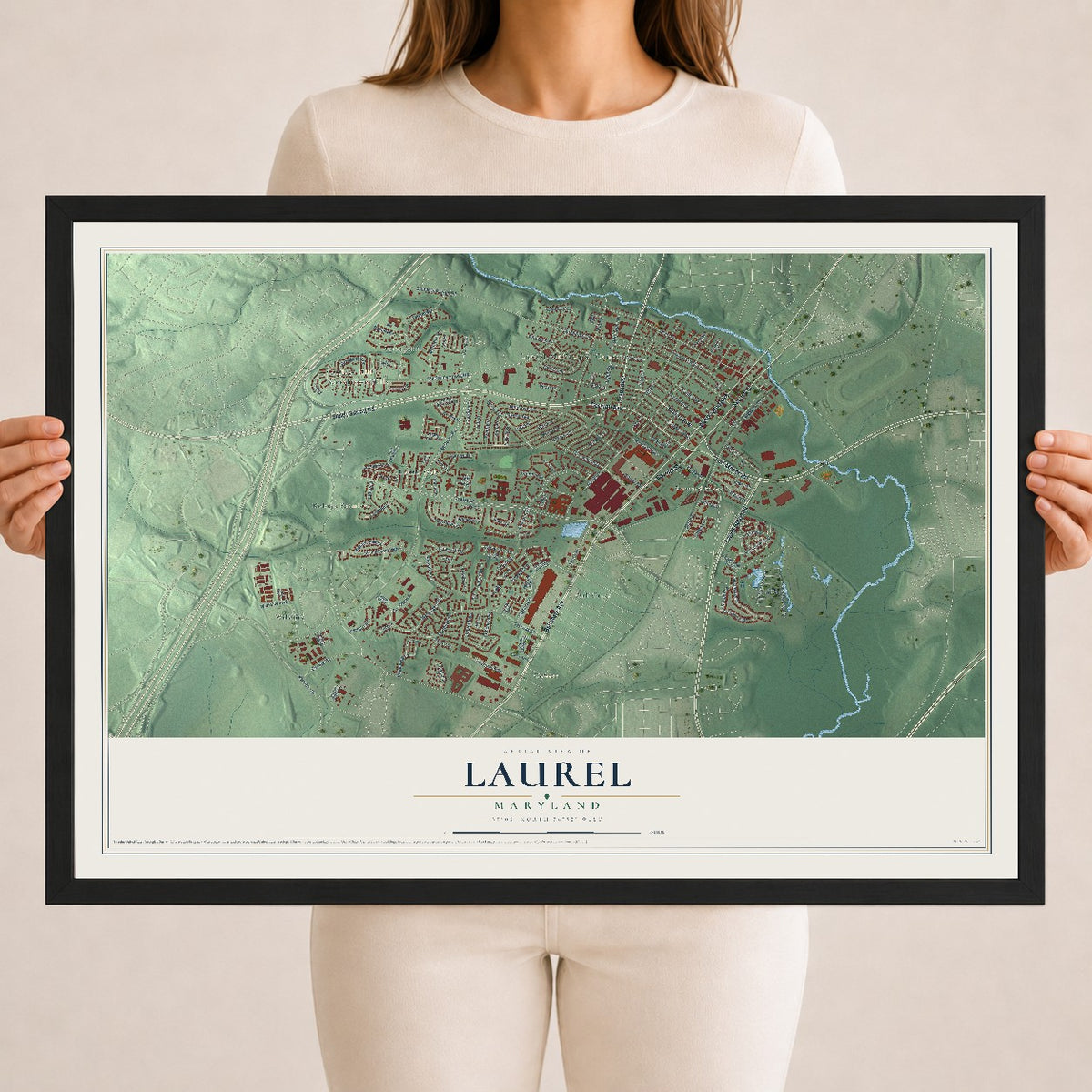 Map of Laurel, Maryland, 18 x 24 inch print in a black wood frame