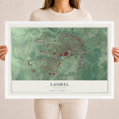 Map of Laurel, Maryland, 18 x 24 inch print in a white wood frame