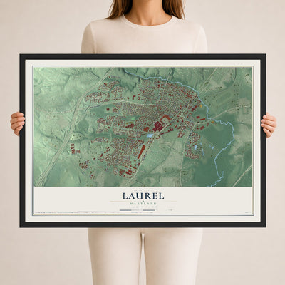 Map of Laurel, Maryland, 24 x 36 inch print in a black wood frame