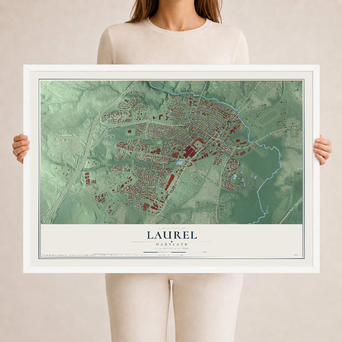 Map of Laurel, Maryland, 24 x 36 inch print in a white wood frame