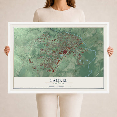 Map of Laurel, Maryland, 24 x 36 inch print in a white wood frame