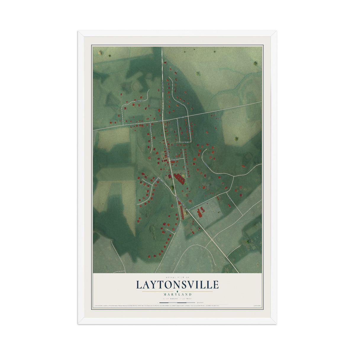 Map of Laytonsville, Maryland, 12 x 18 inch print in a white wood frame