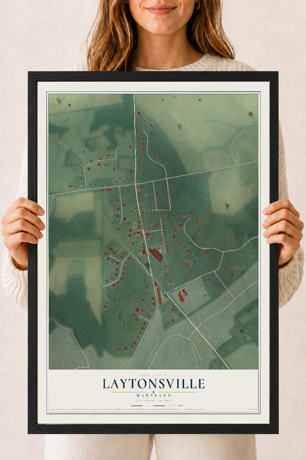 Map of Laytonsville, Maryland, 18 x 24 inch print in a black wood frame