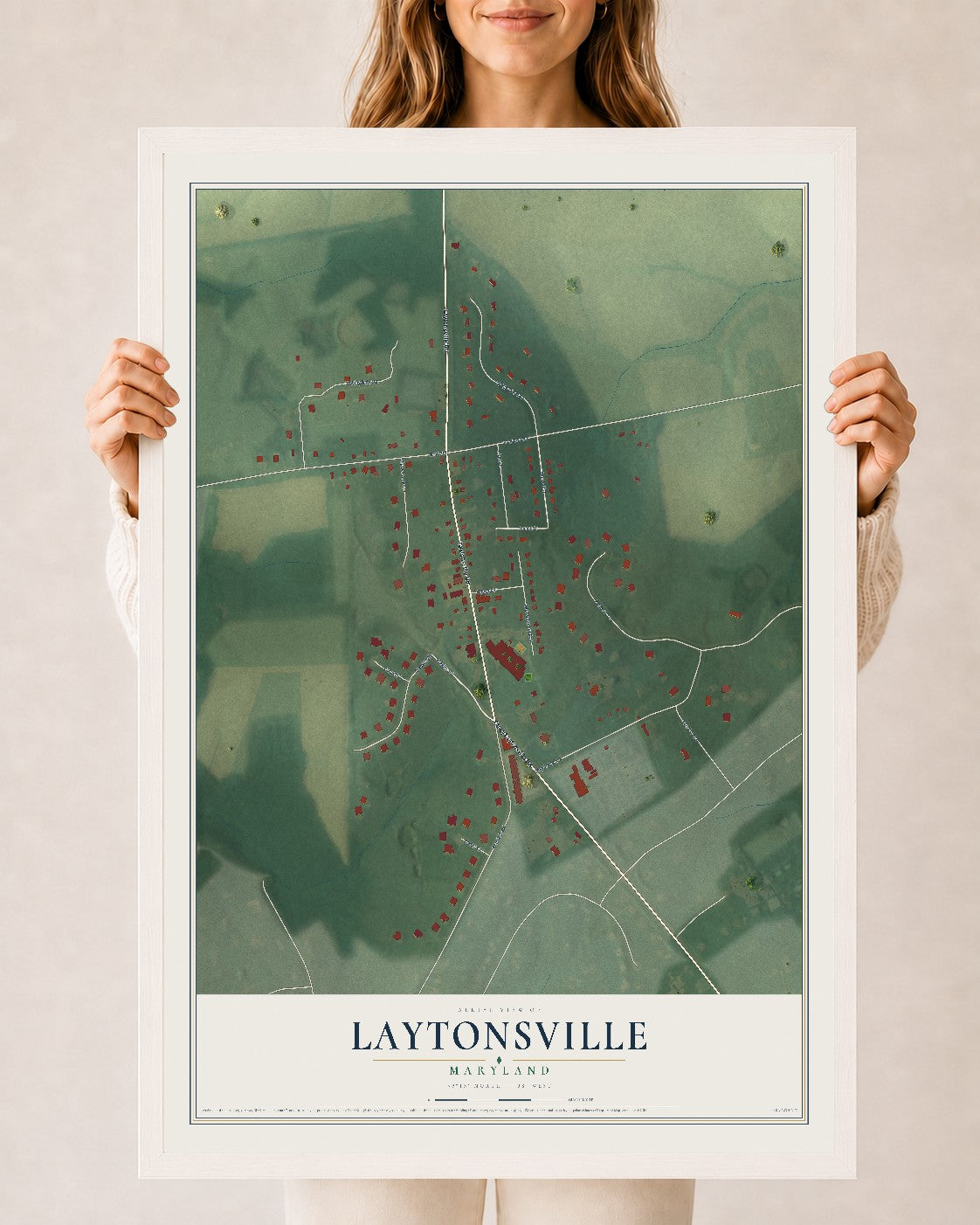 Map of Laytonsville, Maryland, 24 x 36 inch print in a white wood frame