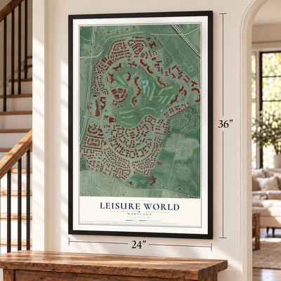Leisure World, Maryland map, 24 x 36 inch print in a black frame by a staircase