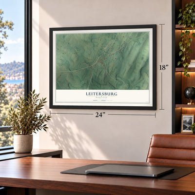 Leitersburg, Maryland map, 18 x 24 inch print in a black frame in a home office