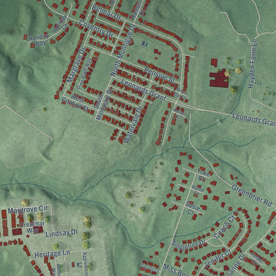 Second close-up of the map of Leonardtown, Maryland print showing more streets and buildings