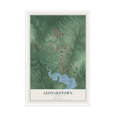 Map of Leonardtown, Maryland, 12 x 18 inch print in a white wood frame