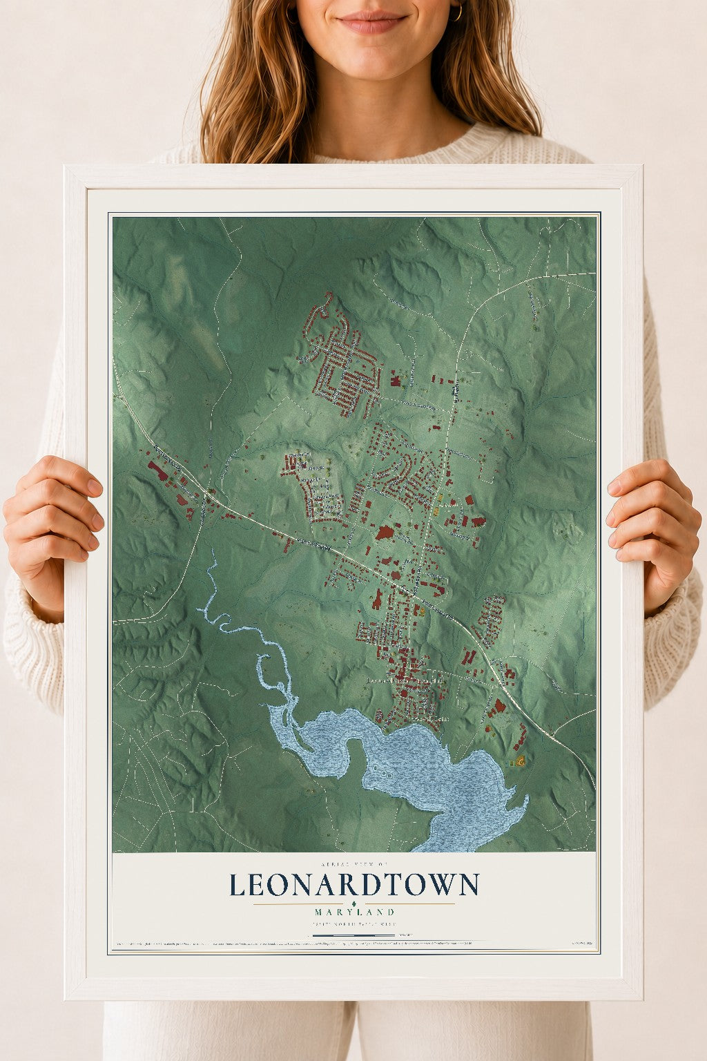 Map of Leonardtown, Maryland, 18 x 24 inch print in a white wood frame