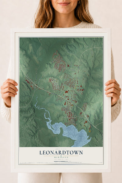 Map of Leonardtown, Maryland, 18 x 24 inch print in a white wood frame