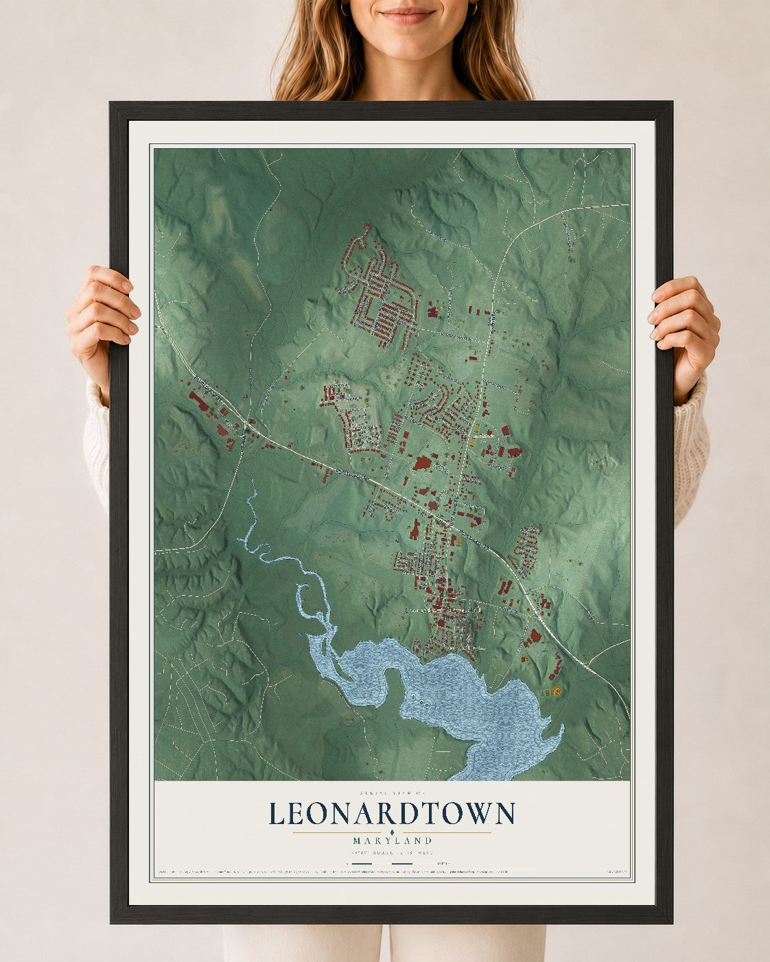 Map of Leonardtown, Maryland, 24 x 36 inch print in a black wood frame