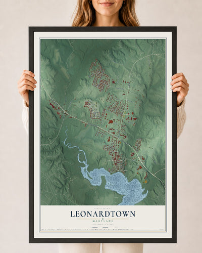 Map of Leonardtown, Maryland, 24 x 36 inch print in a black wood frame