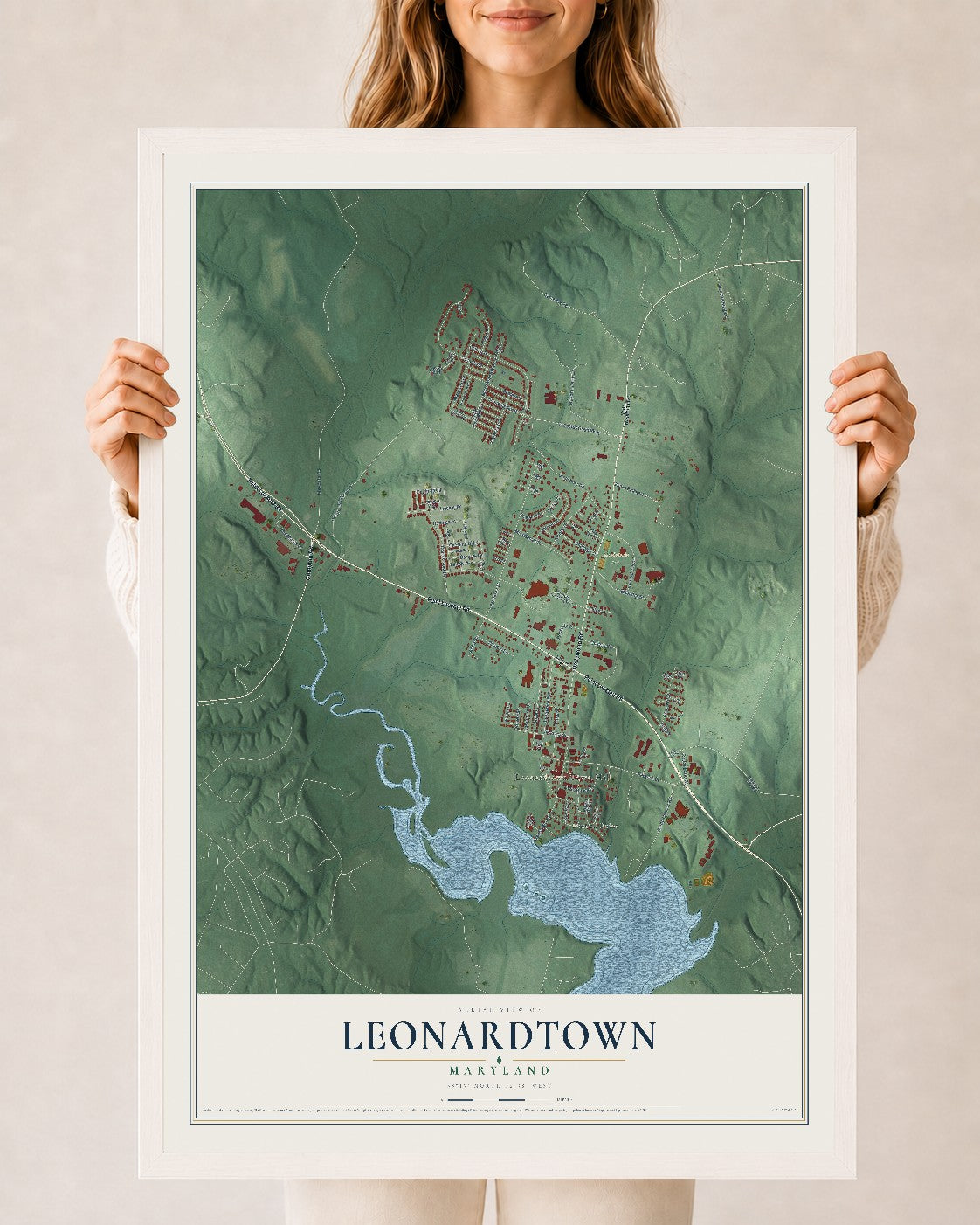 Map of Leonardtown, Maryland, 24 x 36 inch print in a white wood frame