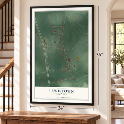 Lewistown, Maryland map, 24 x 36 inch print in a black frame by a staircase