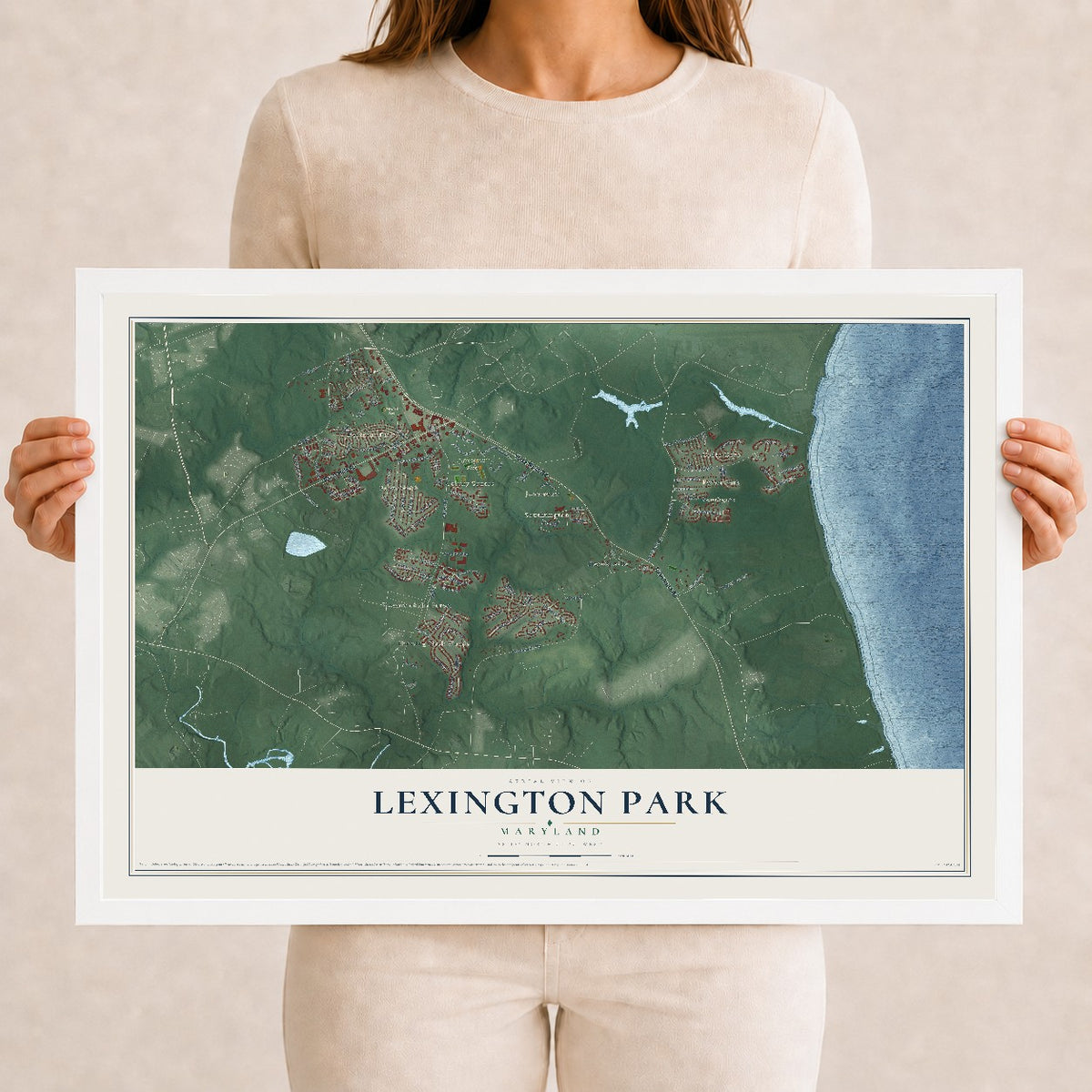 Map of Lexington Park, Maryland, 12 x 18 inch print in a white wood frame