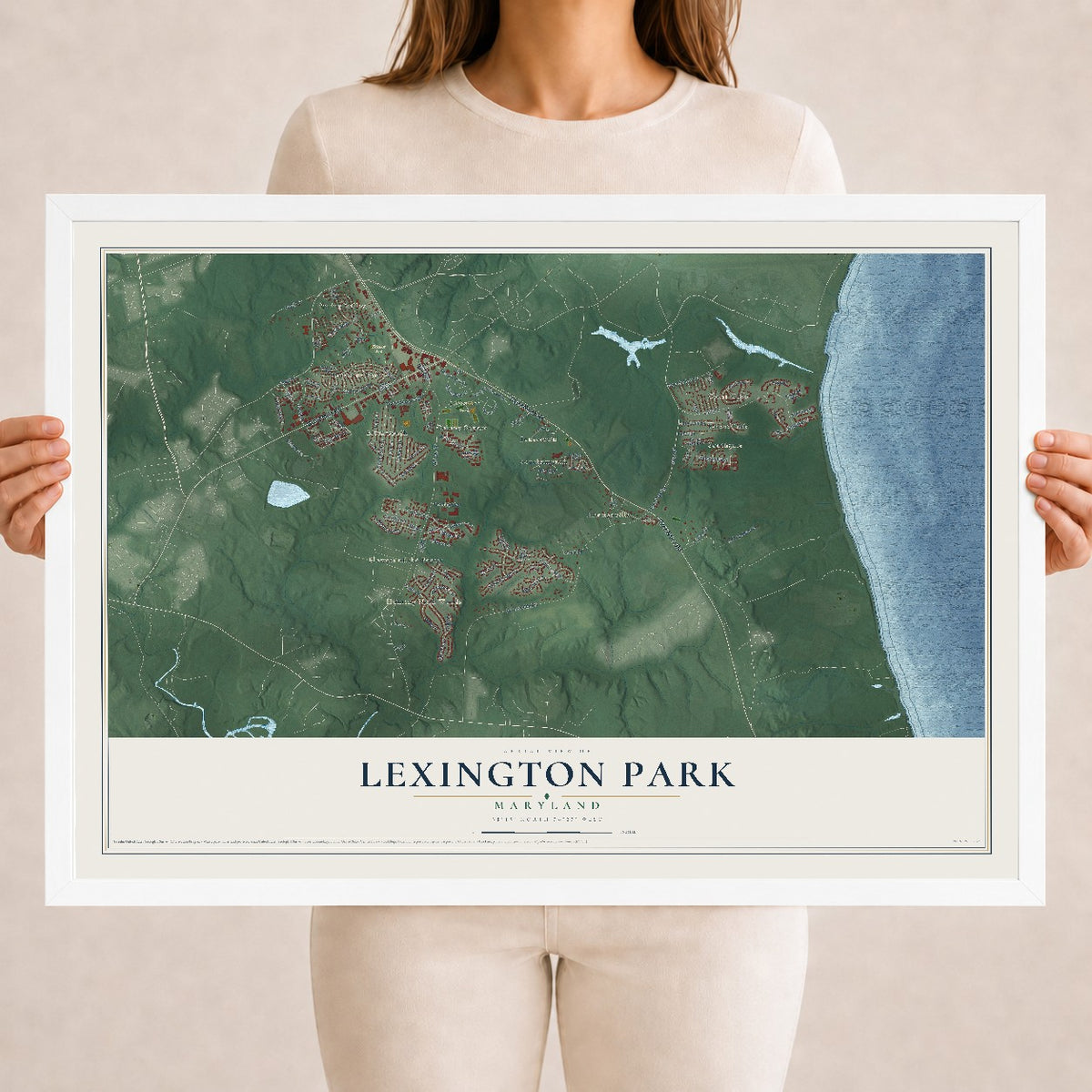 Map of Lexington Park, Maryland, 18 x 24 inch print in a white wood frame