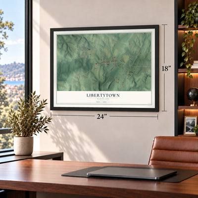 Libertytown, Maryland map, 18 x 24 inch print in a black frame in a home office