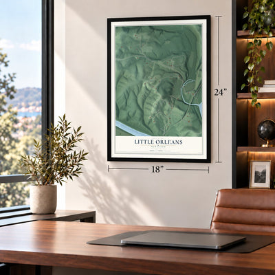 Little Orleans, Maryland map, 18 x 24 inch print in a black frame in a home office