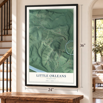 Little Orleans, Maryland map, 24 x 36 inch print in a black frame by a staircase