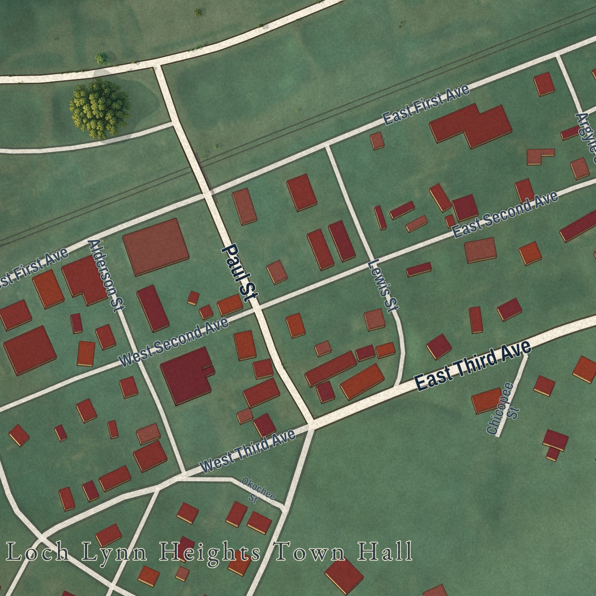 Close-up of the map of Loch Lynn Heights, Maryland print showing street and building detail