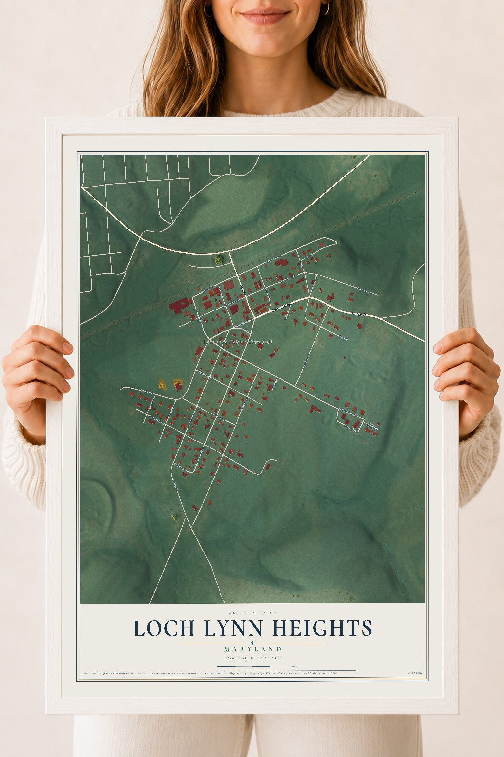 Map of Loch Lynn Heights, Maryland, 18 x 24 inch print in a white wood frame