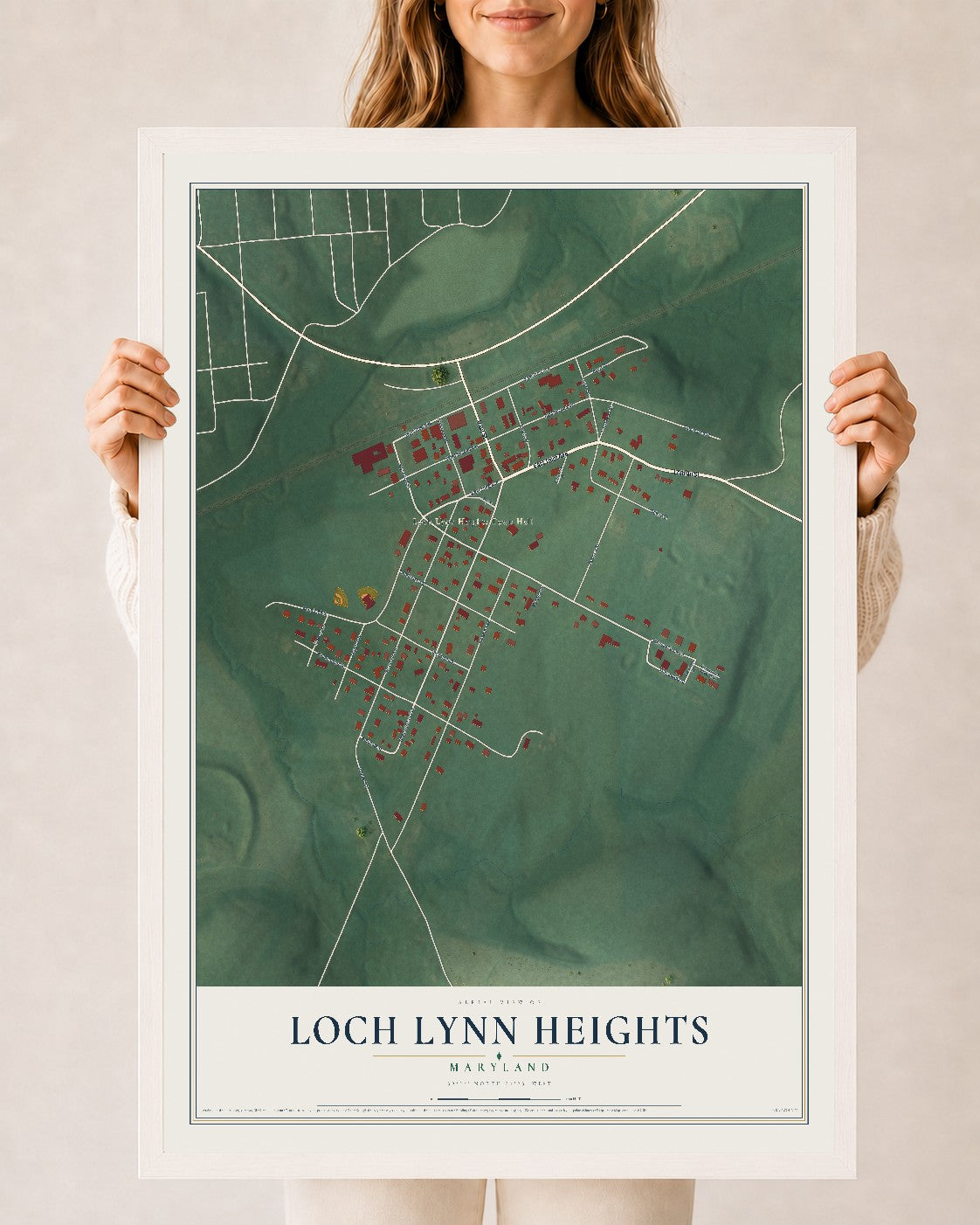 Map of Loch Lynn Heights, Maryland, 24 x 36 inch print in a white wood frame