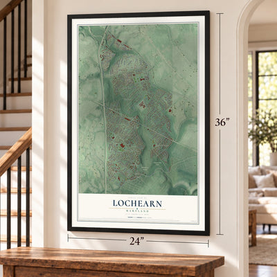 Lochearn, Maryland map, 24 x 36 inch print in a black frame by a staircase