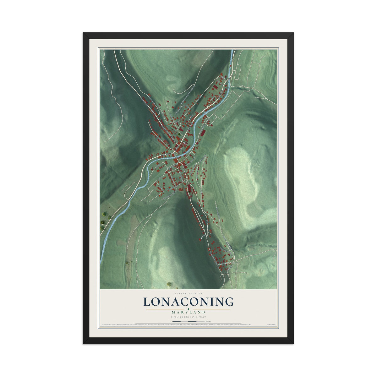 Map of Lonaconing, Maryland, 12 x 18 inch print in a black wood frame