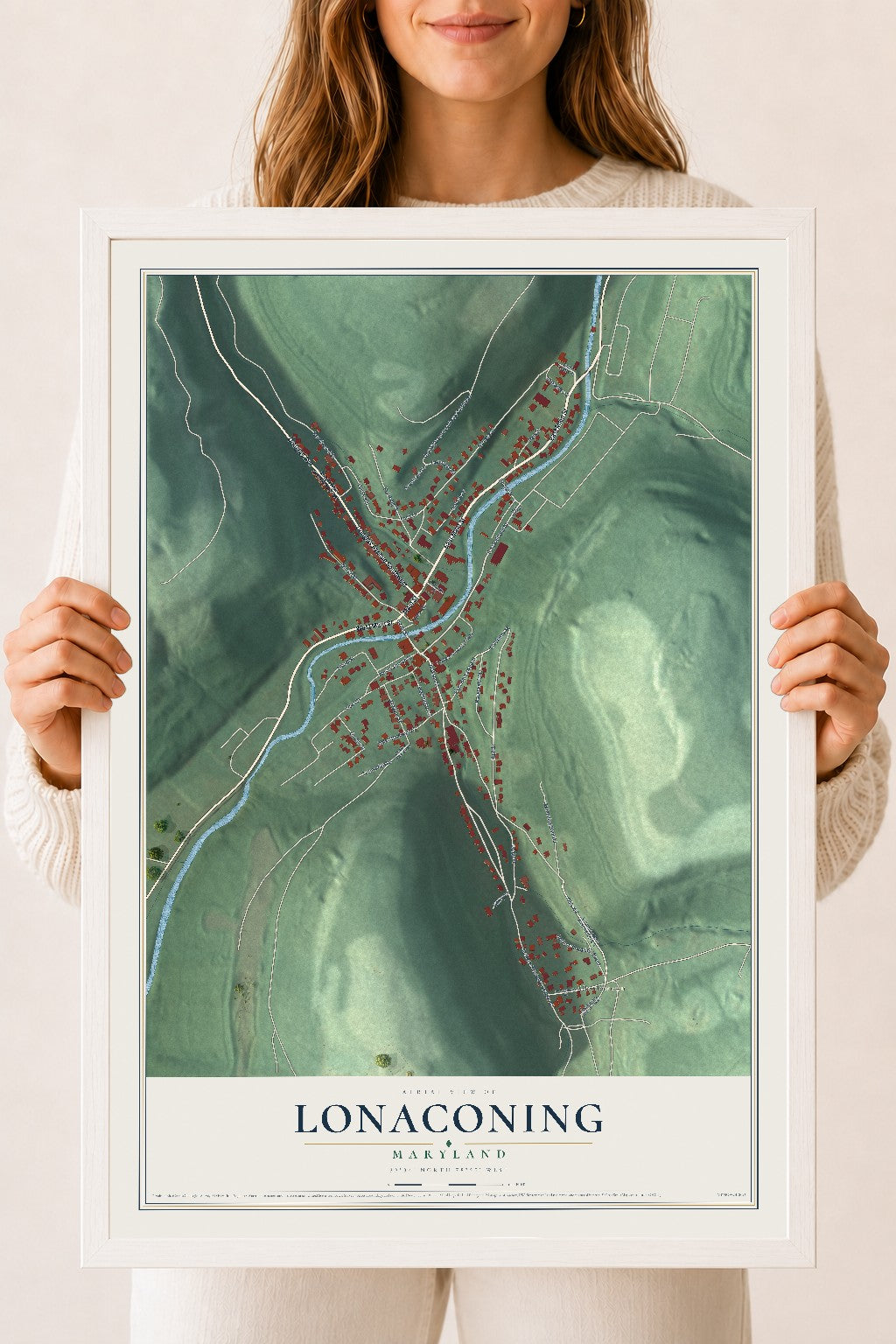 Map of Lonaconing, Maryland, 18 x 24 inch print in a white wood frame