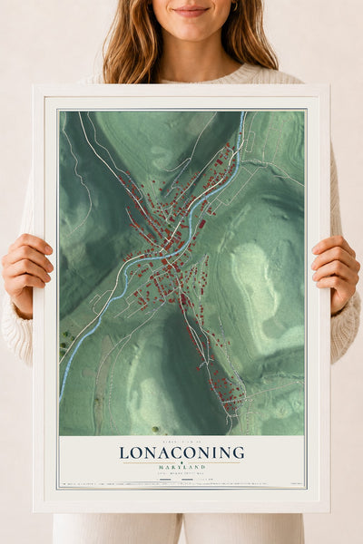 Map of Lonaconing, Maryland, 18 x 24 inch print in a white wood frame