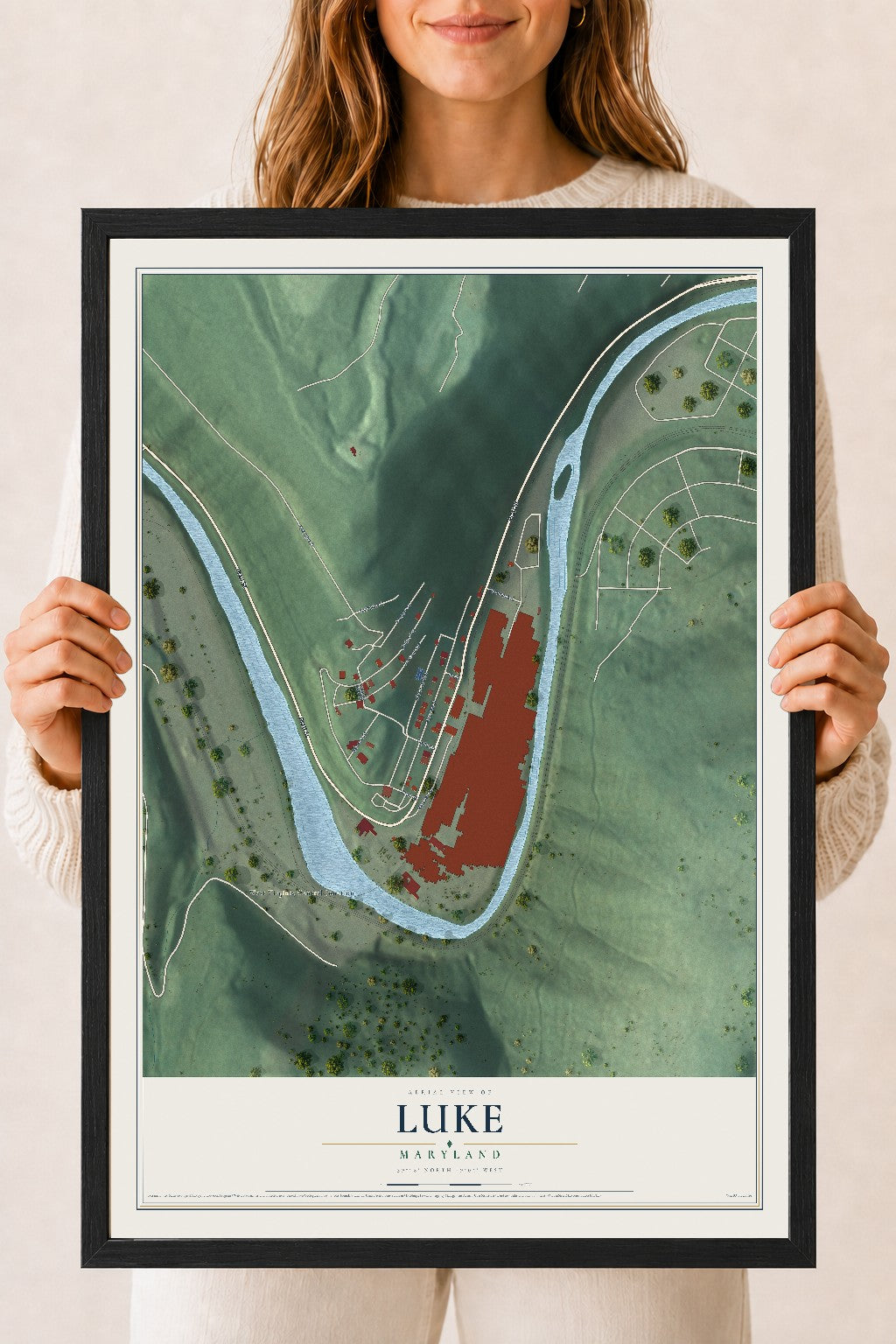Map of Luke, Maryland, 18 x 24 inch print in a black wood frame