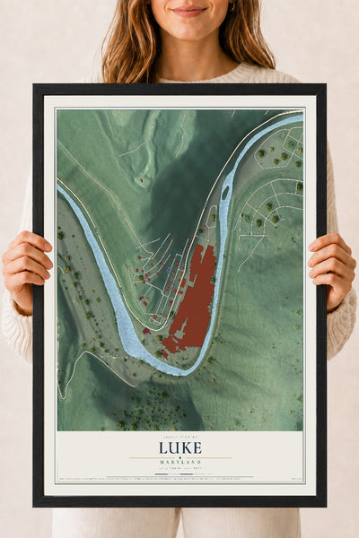 Map of Luke, Maryland, 18 x 24 inch print in a black wood frame