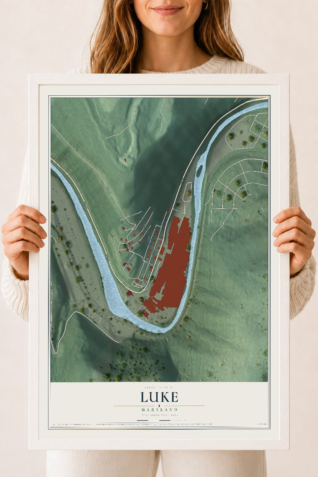 Map of Luke, Maryland, 18 x 24 inch print in a white wood frame