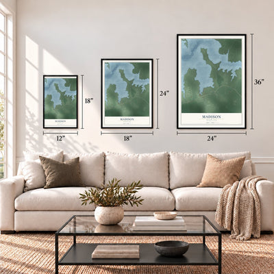 Madison, Maryland map in 12 x 18, 18 x 24 and 24 x 36 inch sizes above a sofa